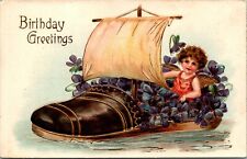 Birthday Greetings Vintage Postcard Early 1900 Embossed Boy Shoe Sailboat picture