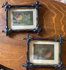 2 Antique Adirondack Black Forest Picture Frames Carved Leaf -Fruit Chalk Pastel picture