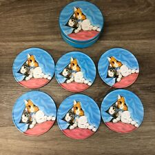 3 Cats Under a Bed Vintage Round Tin Coaster Cork Underneath Set 1980s picture