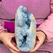 5.74LB natural blue celestite geode quartz crystal mineral specimen healing picture
