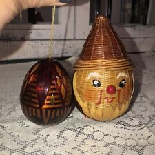  Vintage Santa Claus Wicker Figurine + Wood Marquetry Egg Christmas Ornament 2 p picture