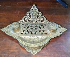 VINTAGE / ANTIQUE BRASS INK WELL VICTORIAN GOTHIC MEDIEVAL GARGOYLE HOLDS PENS picture