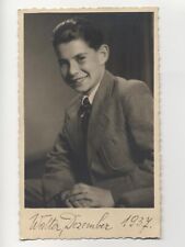 VTG 1937 Dapper Young Boy Studio Photo RPPC 3x4 Sepia Slick Hair Heavy-Coat picture