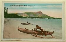 1930's Native w/ Outrigger Canoe Waikiki ca 1900 TH Hawaii Island Curio picture