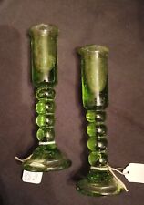 Vintage 1930's Era Pair Of Handblown Green Depression Glass Candlestick Holders picture