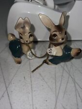 Vintage Ceramic Green Bunny family Mom Dad attached gold chain Freeman Style picture