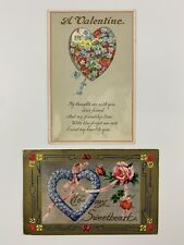 Lot 2 Antique Valentines Day Embossed Gold Postcards 1910s Flowers Hearts WI picture