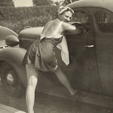 Vintage Snapshot Photograph Beautiful Shapely Young Woman Leaning In Car picture