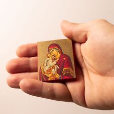 Miniature Wooden Icon With Virgin Mary sweet kiss,Greek-Byzantine Orthodox Icon. picture