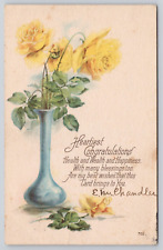 Heartiest Congratulations Roses Yellow Blue Vase DB Posted 1924 Postcard (E74) picture