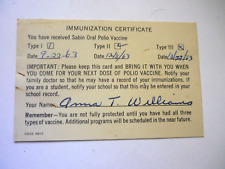 1963 Immunization Certificate Card Sabin Oral Polio Vaccine Type I II II Rare picture