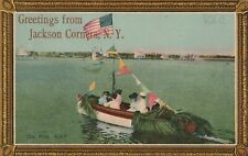 Jackson Corners NY -- Greetings From -- Boat w/American Flag & Women -- 1910 picture