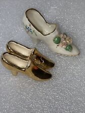 Vintage Victorian Style Miniature Gold Shoes And Rose Flower Shoe With Gold Tone picture