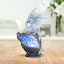 Silver White Dragon on LED Blue Crystal Stone Statue 8.75