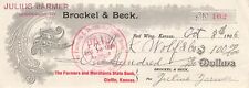 1906 Vintage Brocker & Beck Bank Check Farmers Merchants State Bank Claflin $100 picture