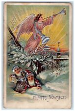 c1910's Happy New Year Angel Trumpet Cornucopia Midget Elf Embossed Postcard picture