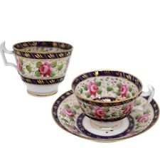 Antique English New Hall Regency Porcelain #1865 Roses Tea Cups & Saucer Trio picture