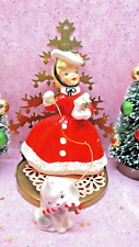 Vtg Norcrest Christmas Shopper Girl PUPPY DOG CANDY CANE Gifts Holly Hat F289B picture