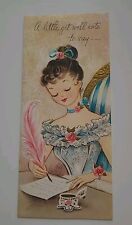 UNUSED Vtg FANCY Dress LADY at Desk PINK Feather PEN Writes To Say Get Well CARD picture