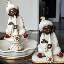 Vtg Set Ceramic Swami Hookah Man India turban Candy Dish Ashtray Mid Cen Kitsch picture