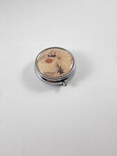 Vintage Round Silver Tone Ship Ocean Motif Pill Box with Mirror and Compartments picture