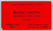 Vintage Business Card Bertha's Soul Food Restaurant Los Angeles California picture