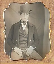 Handsome Light Eyed Man Wearing Hat + Striped Tie 1/6 Plate Daguerreotype H719 picture