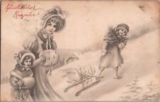 ZAYIX Happy New Year c1910 Pretty Lady & Daughters with sled  V.K. Vienne 5003/a picture