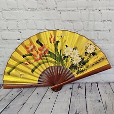 Vintage Fan Asian Gold Silk Hand Painted Folding Hand Flowers 25x14 Large Taiwan picture