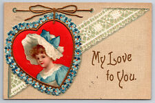 Vintage Postcard Valentines Pretty Girl Blue Flower Heart c1913 picture