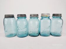 Vintage Ball Zinc Lid Perfect Mason Jars Quart Size Lot of 5 Blue Glass picture