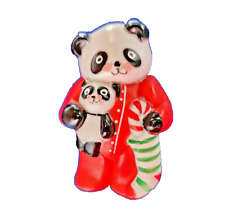 Fun World PIN Christmas Vintage PANDA BEAR & Baby in PJS Stocking 1980s Brooch picture