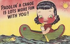 Linen Comic Postcard - Girl in Canoe Fish picture