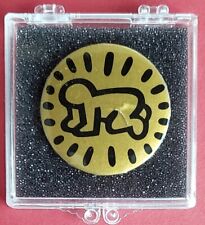 KEITH HARING 1988 Pop Shop Gold RADIANT BABY Round Pin w/ CASE ORIGINAL Exc Cond picture