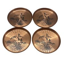 4 Vintage Copper Coasters Ashtrays Stamped Embossed Flying Duck Mallard 3