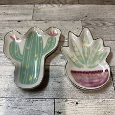 Porcelain Cactus Shaped 5” Trinket Dish (Set Of 2) Silver Tone Trim Southwestern picture