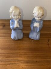 Vintage Ceramic Praying Kneeling Boy and Girl Figurines Blue White picture