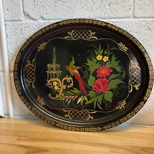 Mid Century Vintage Toleware Platter Exotic Bird Hand Painted 20” X 16.5” Signed picture
