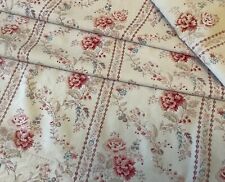 Antique French Cotton Fabric or Curtain Lovely Floral Stripe Block Print Roses picture