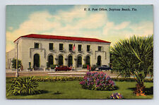 Postcard Daytona Beach FL Florida US Post Office Building Palms Flowers Cars picture