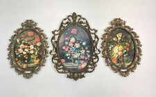 Vintage Ornate Oval Metal Framed Floral Prints Convex Glass Set of 3 Italy 12.5