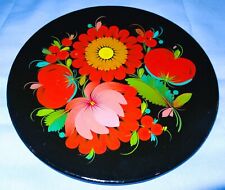 VTG Russian Folk Art Black Lacquer Hand Painted Red Flowers Wood Plate USSR 8