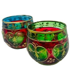 Set 2 Vintage Hand Painted Stained Glass Tea Lights Votives Colorful Whimsical picture
