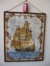Vintage Hand Painted Ceramic Tile Art Panel Ship Mosaic Wall Mural Signed Ze-To picture