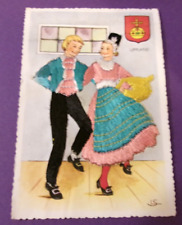 VINTAGE EMBROIDERED POSTCARD DANCERS VERY COLORFUL UNUSED picture