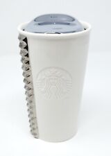 Starbucks 2014 White Ceramic Silver Studded Travel Tumbler Coffee Mug 10oz picture