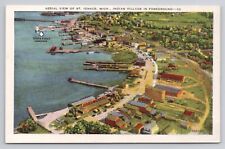 Aerial View of St Ignace Mi Indian Village in foreground Linen Postcard No 4794 picture