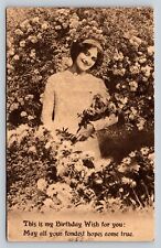 c1915 Smiling Lady Stands in Flowers Birthday Wish ANTIQUE Postcard 1139 picture