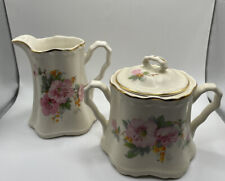 1930’s Hand Painted Porcelain Creamer & Sugar Bowl Set Floral Print Gold Trim picture