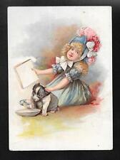 Large 1880's Victorian Card Little Girl Blue Dress with Puppy 5